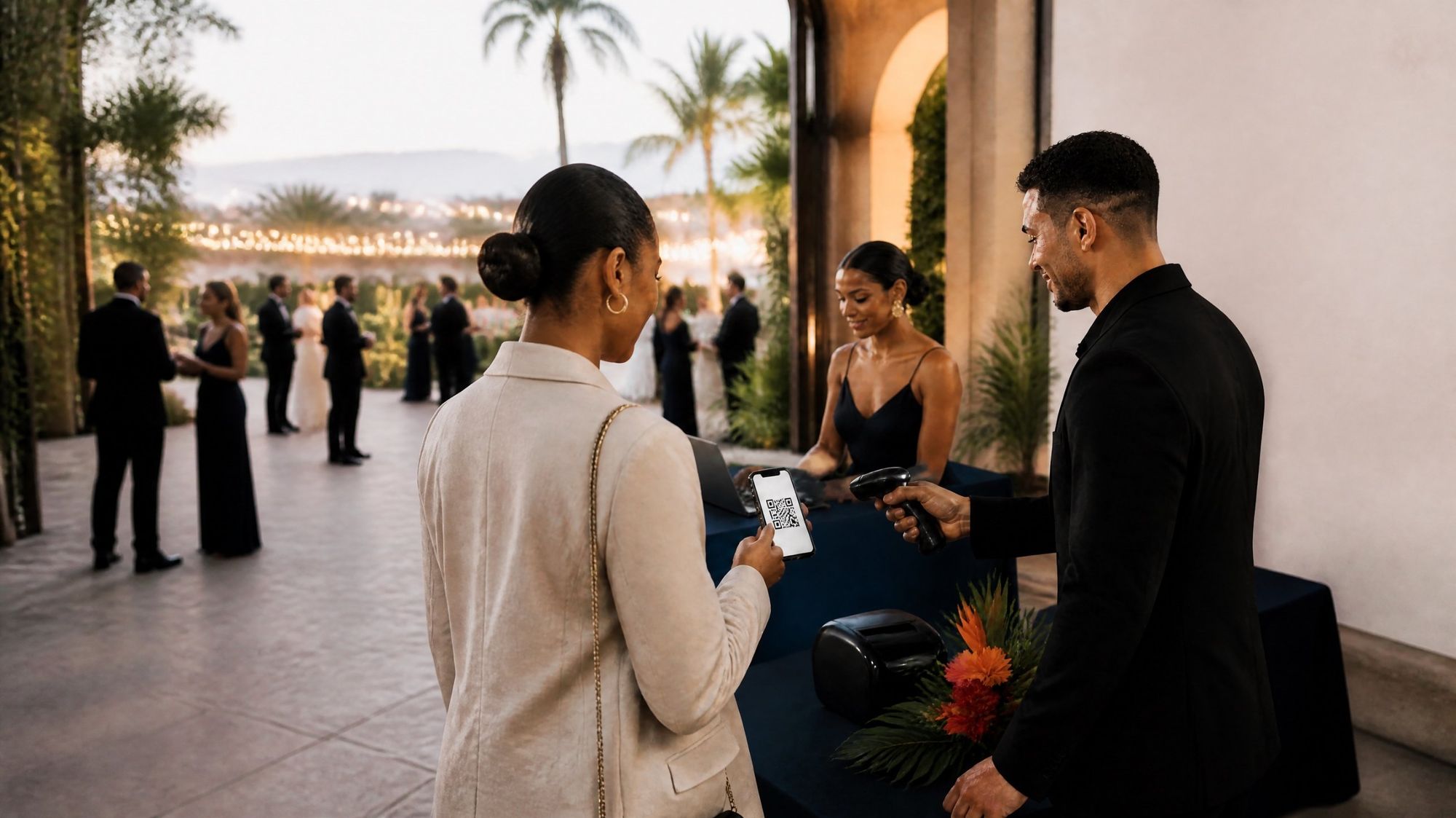 At an evening event, a guest shows her phone ticket to a host with a scanner while the registration desk prepares her badge.