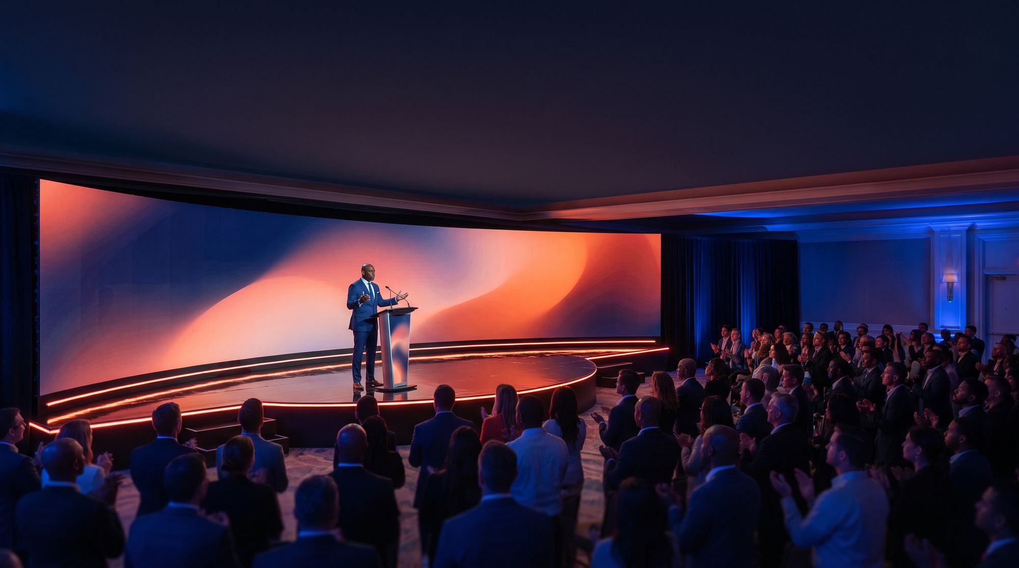 A keynote speaker on a resort ballroom stage in front of a full audience.